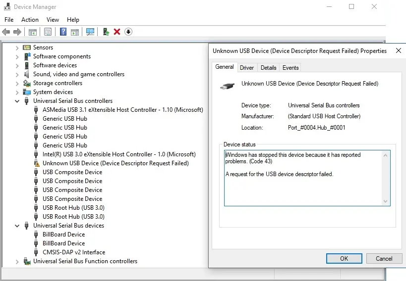 Device manager - device descriptor failed