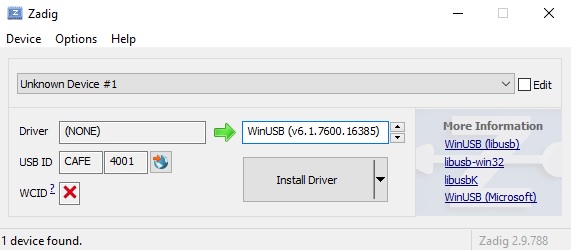 Using Zadig to assign a device driver to my usb device